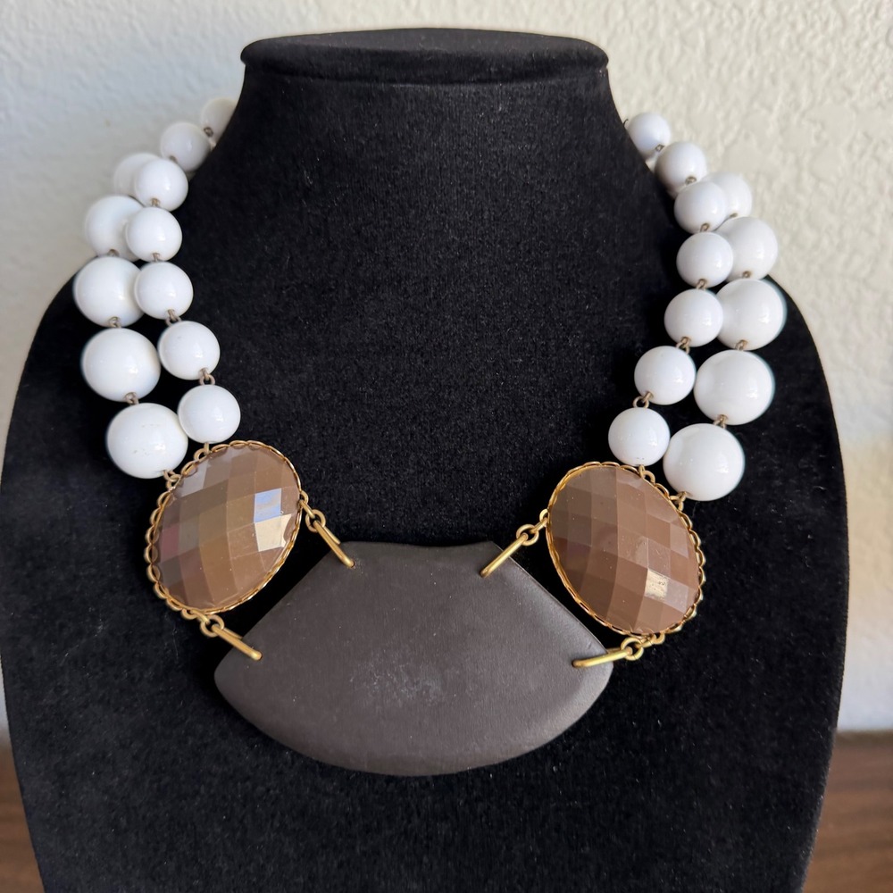 David Aubrey Statement Necklace White Bead Faceted Stone Geometric Bib Gold Tone